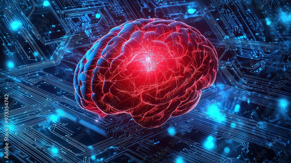 A stylized human brain with glowing red neural connections set against a backdrop of futuristic blue circuitry, illustrating advanced neuroscience or AI concepts.