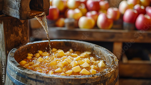 Fresh apple cider being pressed in a rustic wooden press with apples in the background photo