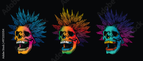 A skull with an open mouth and a punk rock hairstyle. T-shirt design, stickers, print.