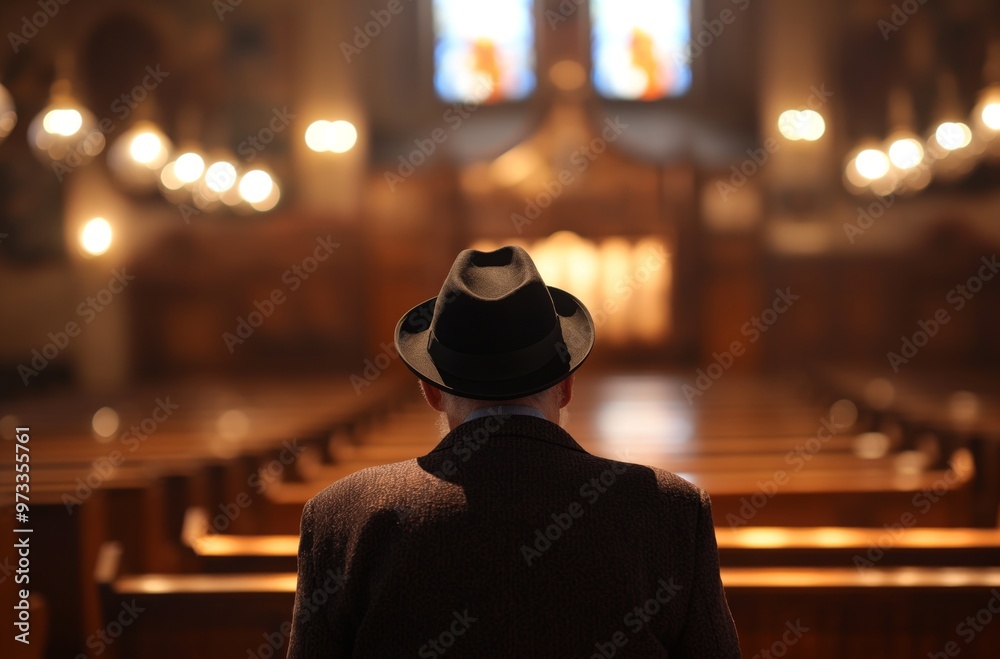 Senior man wearing hat standing in synagogue Senior man wearing hat standing in synagogue