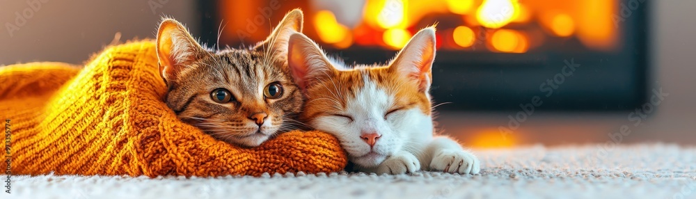 Naklejka premium Cozy Holiday Scene with Cat and Dog in Winter Sweaters by Fireplace | Festive Pet Companions with Copy Space for Text