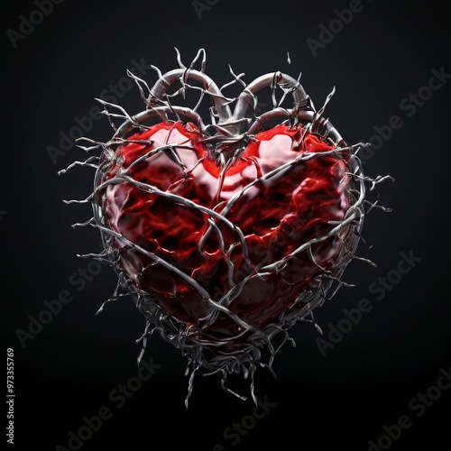 A powerful image of a heart encased in barbed wire, set against a dark background. This emotive artwork symbolizes pain, love, and protection, ideal for conceptual and dramatic themes.