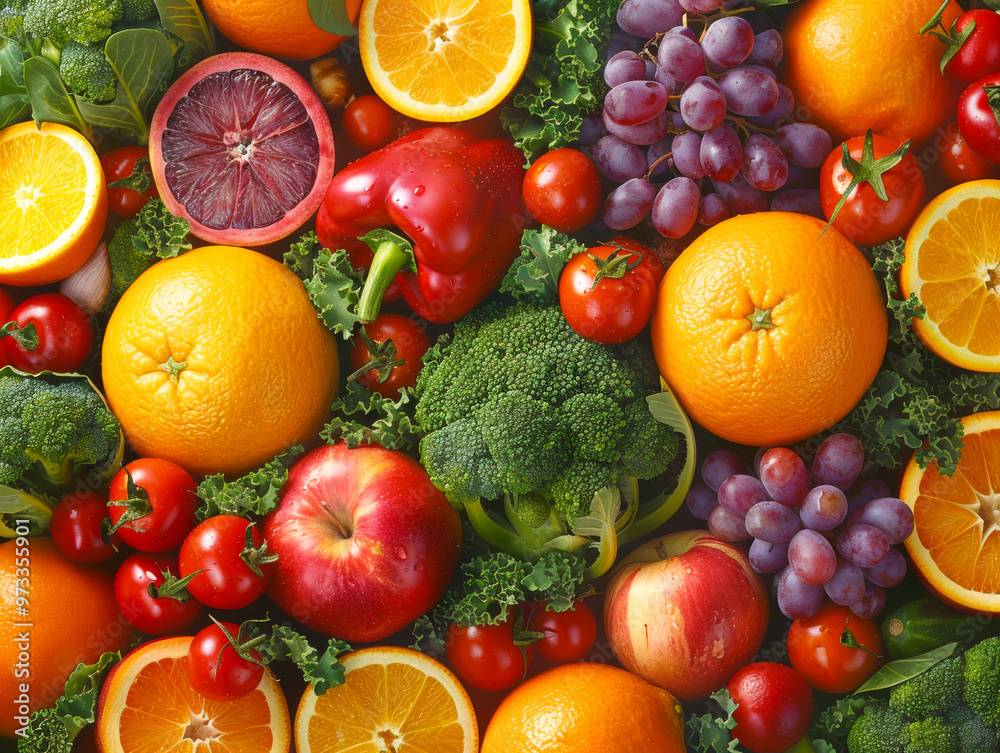 Fresh and vibrant assortment of fruits and vegetables including oranges, grapes, tomatoes, and broccoli, showcasing colorful and healthy collection Fresh and vibrant assortment of fruits and vegetables including oranges, grapes, tomatoes, and broccoli, showcasing colorful and healthy collection