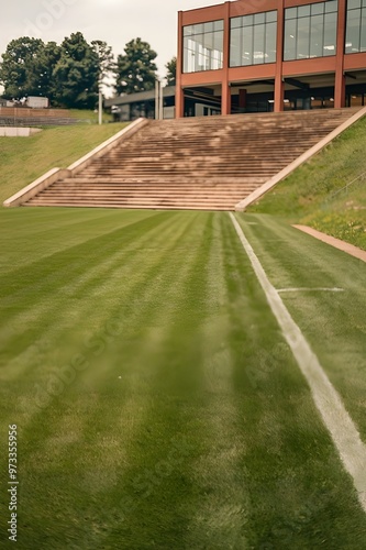 A soccer stadiums' lawn. The lawn is lush green and neatly trimmed.