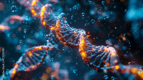 image showcases vibrant representation of DNA double helix, highlighting intricate structure and dynamic environment surrounding it. glowing elements evoke sense of scientific discovery and innovatio photo