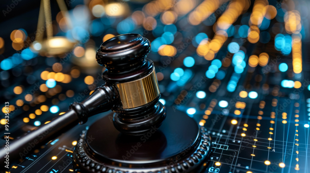 A gavel rests on digital background filled with glowing data points, symbolizing intersection of law and technology. This image captures essence of modern legal practices A gavel rests on digital background filled with glowing data points, symbolizing intersection of law and technology. This image captures essence of modern legal practices