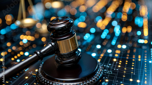 A gavel rests on digital background filled with glowing data points, symbolizing intersection of law and technology. This image captures essence of modern legal practices