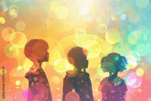 Three children are shown in a colorful, abstract background. generative ai image