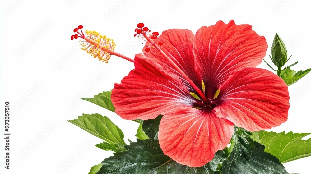 A single red hibiscus flower with green leaves isolated on a white background. A single red hibiscus flower with green leaves isolated on a white background.