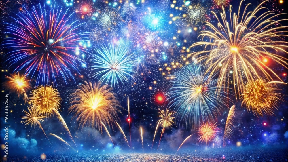 Vibrant fireworks explode against a midnight blue sky, surrounded by shimmering glitter and confetti, symbolizing joyful celebrations and fresh beginnings on New Year's Eve. Vibrant fireworks explode against a midnight blue sky, surrounded by shimmering glitter and confetti, symbolizing joyful celebrations and fresh beginnings on New Year's Eve.