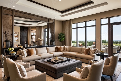 Luxurious Modern Lounge Interior Design in Beige Featuring Comfortable Sectional and Stylish Decor