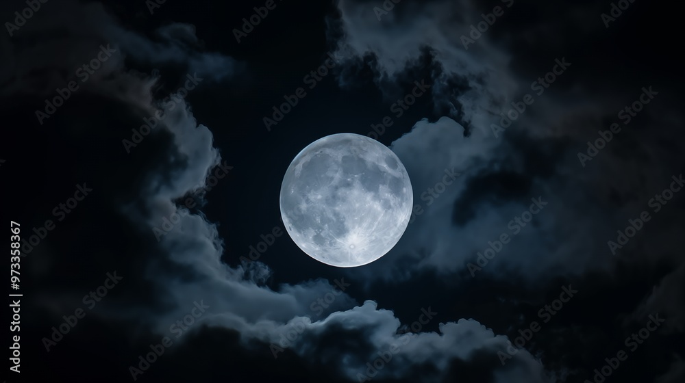 Full moon shining through clouds in the night sky. Full moon shining through clouds in the night sky.