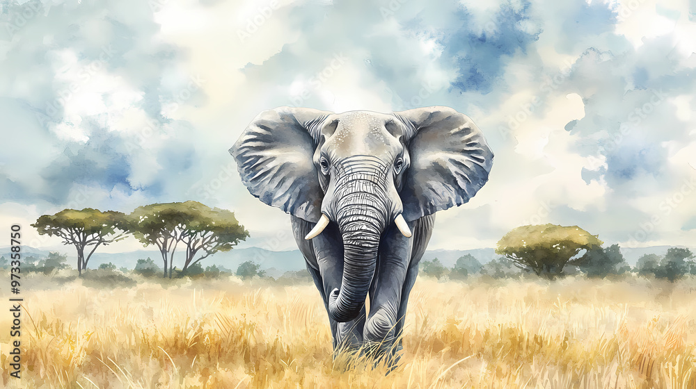 Fototapeta premium A watercolor majestic savannah elephant. Savannah. Illustration