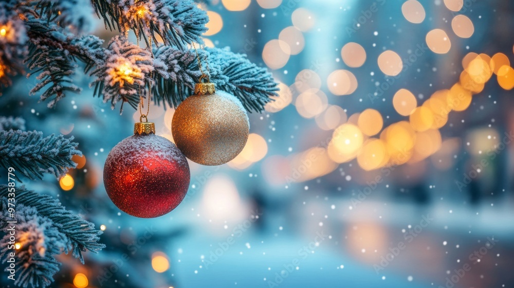 Obraz premium Festive Christmas tree with decorations with glittery baubles, frosted evergreen branches, illuminated by warm lights on a blur background. Merry Christmas banner and poster