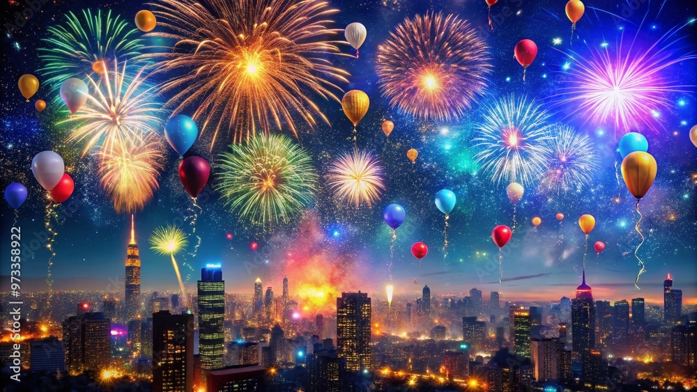 Obraz premium Vibrant fireworks explode in a starry night sky above a sparkling cityscape, confetti and balloons floating down, marking the joyous start of a new year.