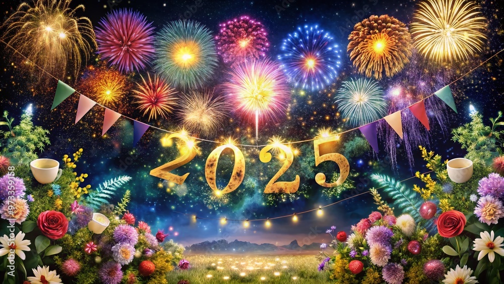 Vibrant fireworks explode in a starry night sky behind a metallic Vibrant fireworks explode in a starry night sky behind a metallic