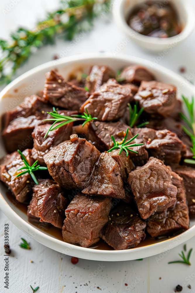A pile of meat with parsley on top. The meat is cut into small pieces and is sitting on a white surface A pile of meat with parsley on top. The meat is cut into small pieces and is sitting on a white surface