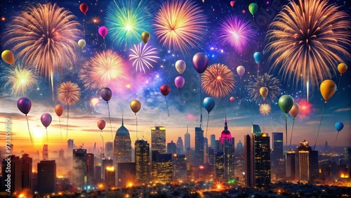 Vibrant fireworks explode in the night sky above a cityscape, surrounded by confetti and balloons, celebrating the start of a new year with joy.