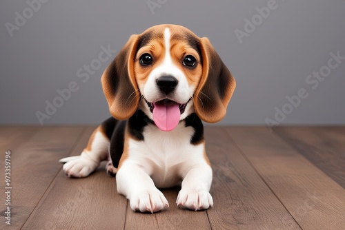 Adorable Kawaii Beagle Puppy with Happy Face and Pink Tongue Sitting Relaxed