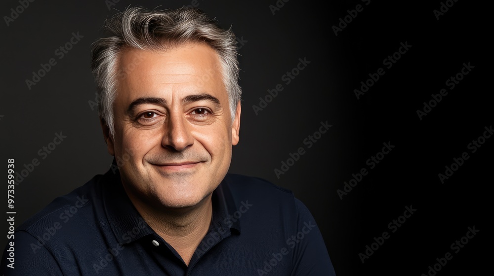 A well-fitted navy polo shirt accentuates the collar and sleeve on a man with short hair, captured against a sleek dark grey background with elegant studio lighting A well-fitted navy polo shirt accentuates the collar and sleeve on a man with short hair, captured against a sleek dark grey background with elegant studio lighting