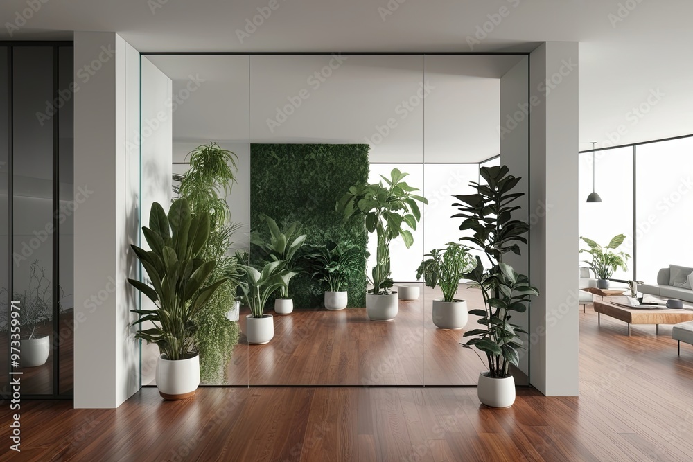 Glassy Wall Mockup Displaying Diverse Plants in a Spacious Minimalist Lounge with Chestnut Wood Flooring Glassy Wall Mockup Displaying Diverse Plants in a Spacious Minimalist Lounge with Chestnut Wood Flooring