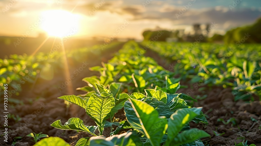 Naklejka premium Closeup of lush green tobacco leaves in a field with the sun shining through the foliage.