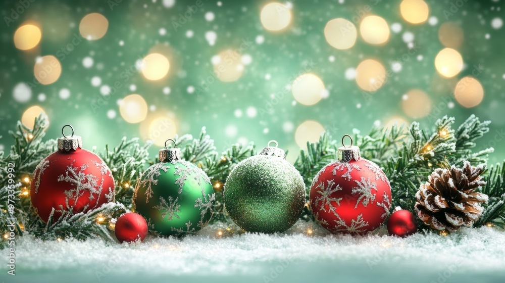 Festive Christmas tree with decorations with glittery baubles, frosted evergreen branches, illuminated by warm lights on a blur background. Merry Christmas banner and poster Festive Christmas tree with decorations with glittery baubles, frosted evergreen branches, illuminated by warm lights on a blur background. Merry Christmas banner and poster