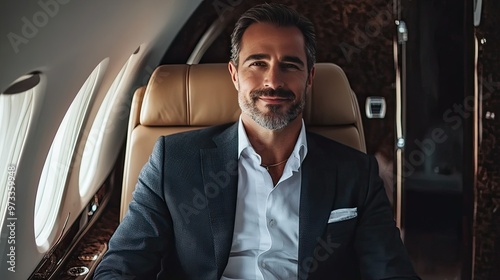 A successful businessman sits in a private jet, looking confident and relaxed.