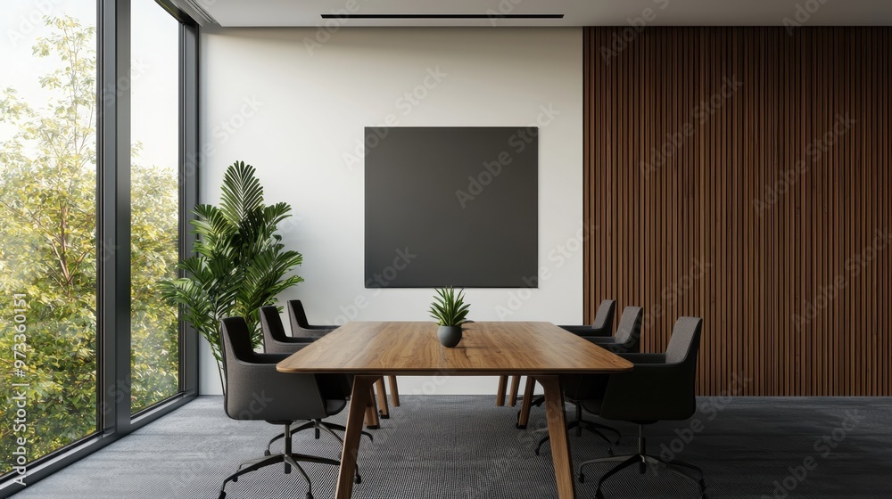 Serene Bamboo Conference Room with Nature-Inspired Decor and Large Windows, Modern Business Environment with Copy Space - Ultra HD