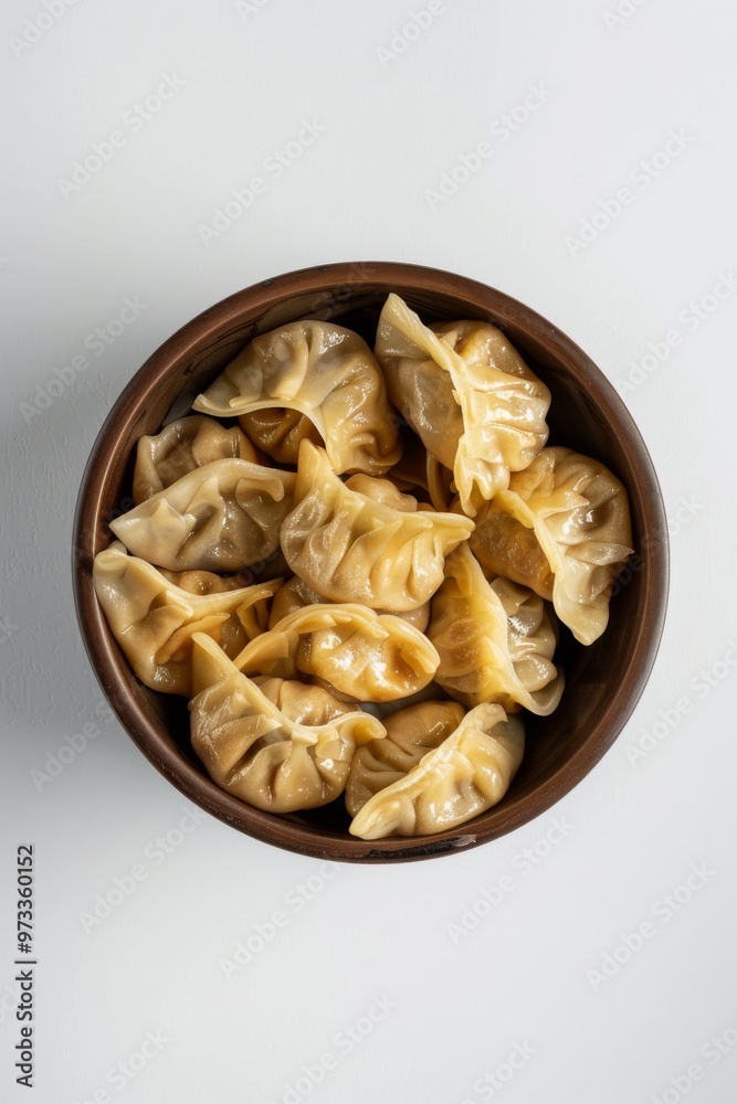 Traditional Chinese dim sum dumplings served in a brown bowl, captured from above against a white Traditional Chinese dim sum dumplings served in a brown bowl, captured from above against a white
