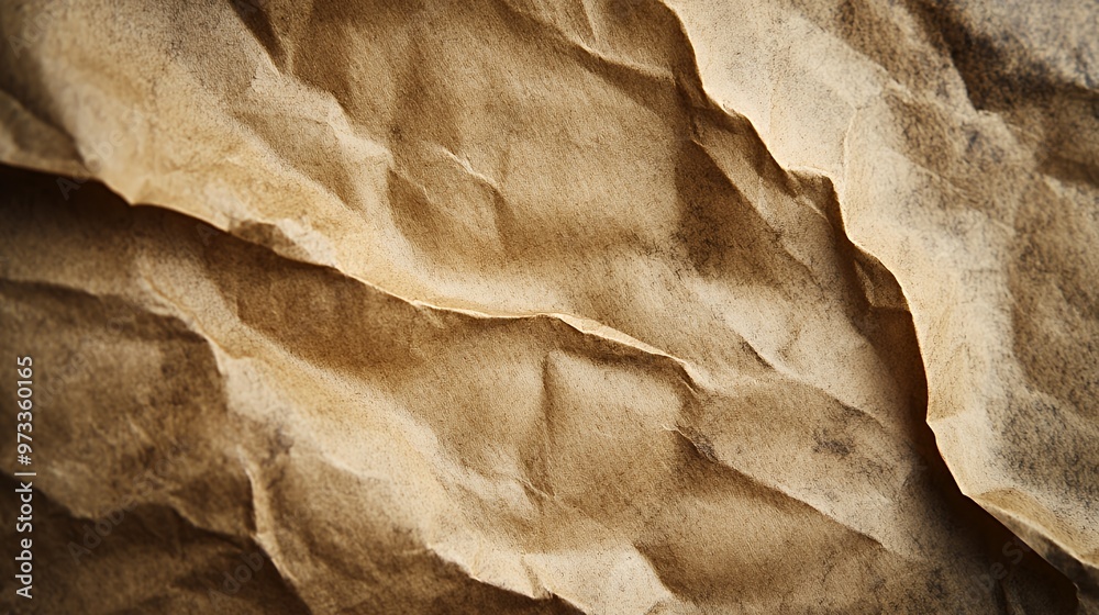 Closeup of a textured, crumpled brown paper background. Closeup of a textured, crumpled brown paper background.