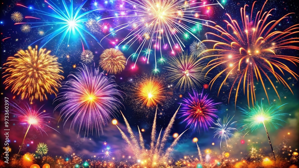Vibrant fireworks explosion fills the night sky with colorful lights and sparks, accompanied by joyful party music and confetti, celebrating a magical New Year's Eve. Vibrant fireworks explosion fills the night sky with colorful lights and sparks, accompanied by joyful party music and confetti, celebrating a magical New Year's Eve.