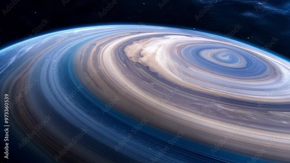 Abstract exoplanet rotates in space, with mesmerizing rings and a captivating blue atmosphere, evoking curiosity about the vast universe Abstract exoplanet rotates in space, with mesmerizing rings and a captivating blue atmosphere, evoking curiosity about the vast universe
