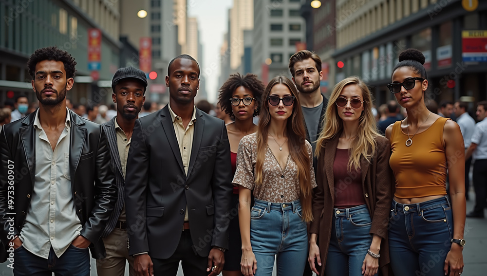 Diverse group of young adults standing confidently in city street, representing fashion and unity Diverse group of young adults standing confidently in city street, representing fashion and unity
