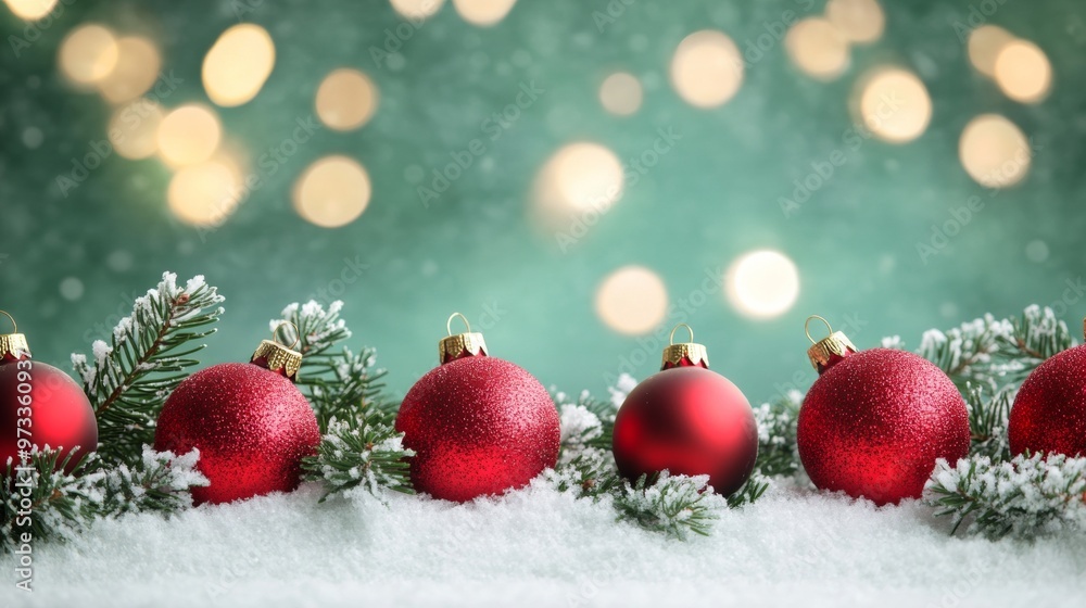 Fototapeta premium Festive Christmas tree with decorations with glittery baubles, frosted evergreen branches, illuminated by warm lights on a blur background. Merry Christmas banner and poster