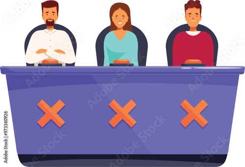 Three members of a jury sitting behind a table with buzzers, deciding whether to give a guilty or not guilty verdict