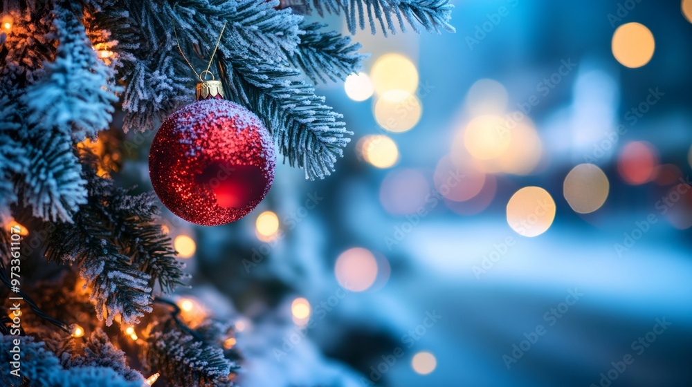 Obraz premium Festive Christmas tree with decorations with glittery baubles, frosted evergreen branches, illuminated by warm lights on a blur background. Merry Christmas banner and poster