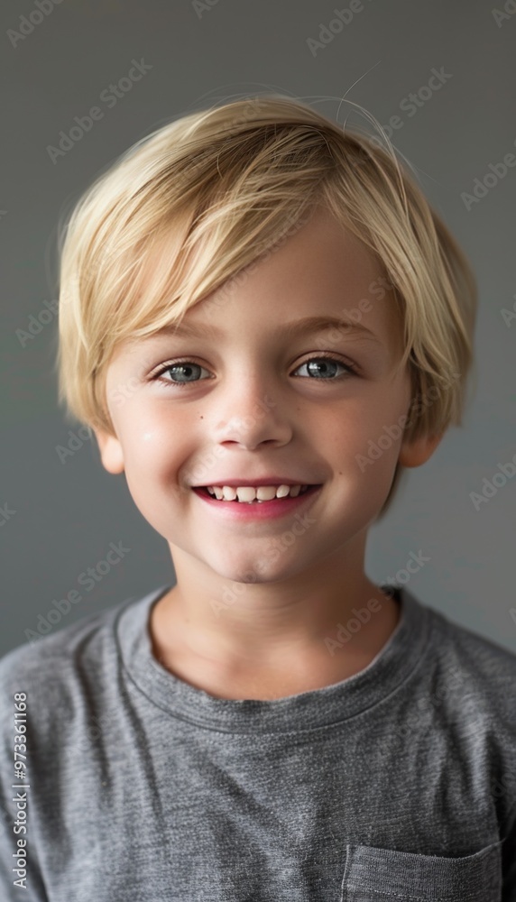 Cheerful little blonde boy with a bright smile, looking directly at the camera against a neutral Cheerful little blonde boy with a bright smile, looking directly at the camera against a neutral