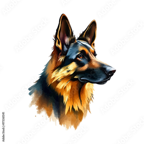 Realistic painting of a German Shepherd dog, oil painting, art, portrait, animal, canine, breed, pet, fur, fluffy
