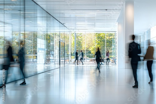 Blurred image of business people in a modern office with white glass walls. photo