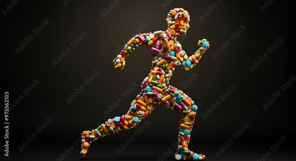 Running figure made of pills representing health and wellness in a dynamic pose with colorful capsules and tablets Running figure made of pills representing health and wellness in a dynamic pose with colorful capsules and tablets