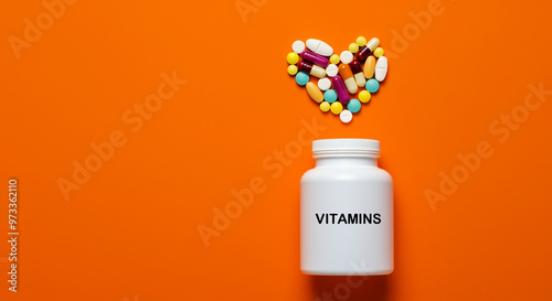 Vitamin bottle with colorful pills representing health and wellness benefits for a vibrant lifestyle photo