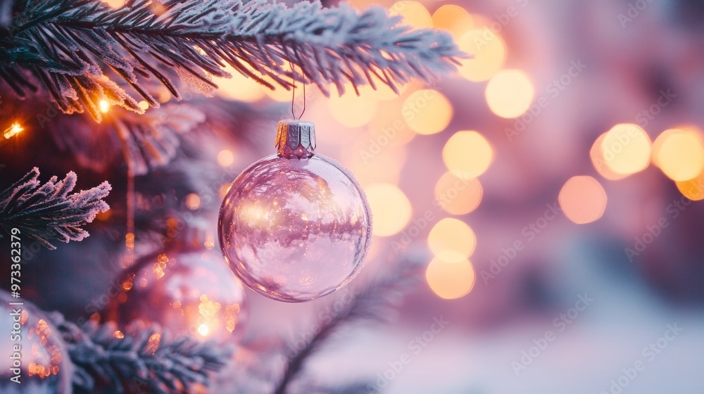 Festive Christmas tree with decorations with glittery baubles, frosted evergreen branches, illuminated by warm lights on a blur background. Merry Christmas banner and poster