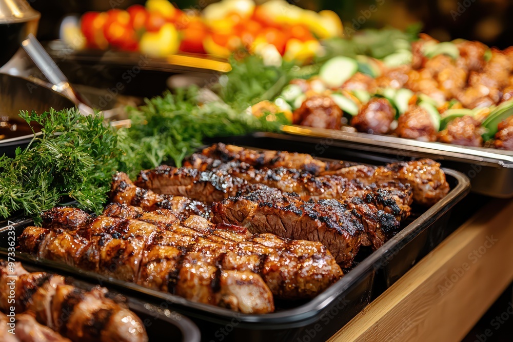 Catering buffet at an indoor restaurant event, featuring grilled meat and a festive atmosphere. Catering buffet at an indoor restaurant event, featuring grilled meat and a festive atmosphere.