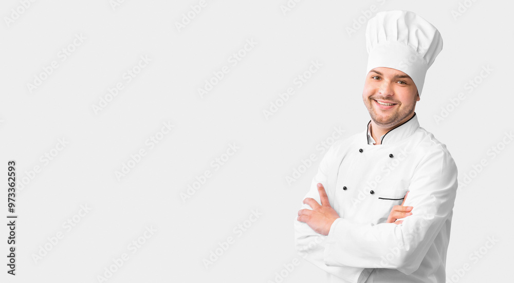 Chef's Career. Cook Guy Standing Crossing Hands Posing Over White Background In Studio. Panorama With Free Space Chef's Career. Cook Guy Standing Crossing Hands Posing Over White Background In Studio. Panorama With Free Space