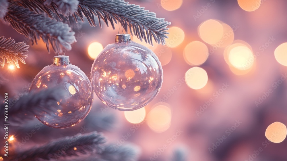 Fototapeta premium Festive Christmas tree with decorations with glittery baubles, frosted evergreen branches, illuminated by warm lights on a blur background. Merry Christmas banner and poster