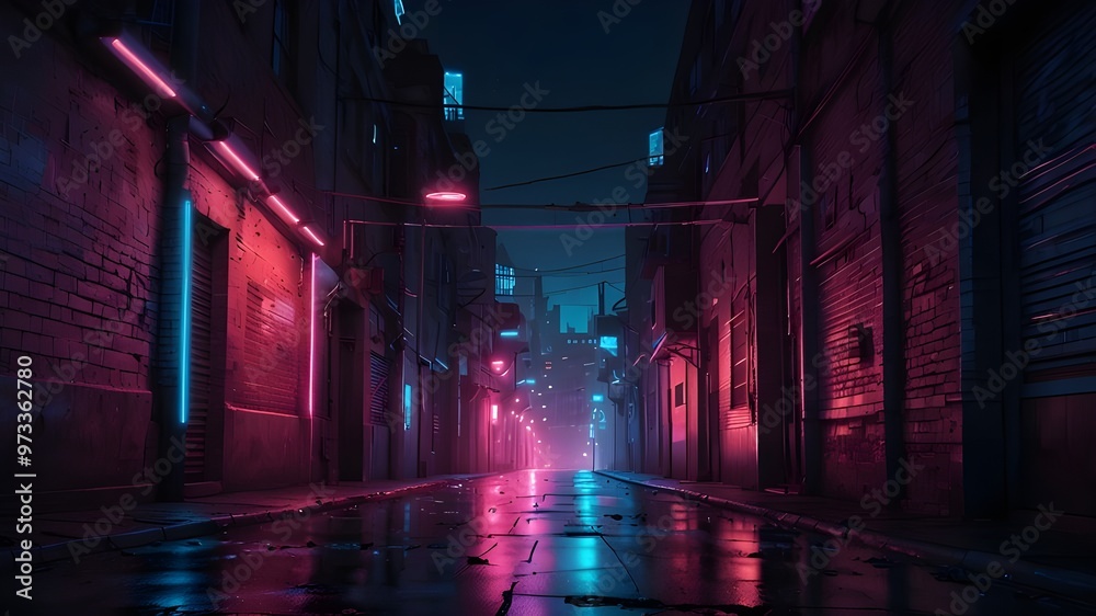 Fototapeta premium Neon lights in pink and blue on a city alley. city street in a neo-noir pink and blue design. neon lights in a pink and blue gradient, reminiscent of a cyberpunk alleyway. Artificial Intelligence