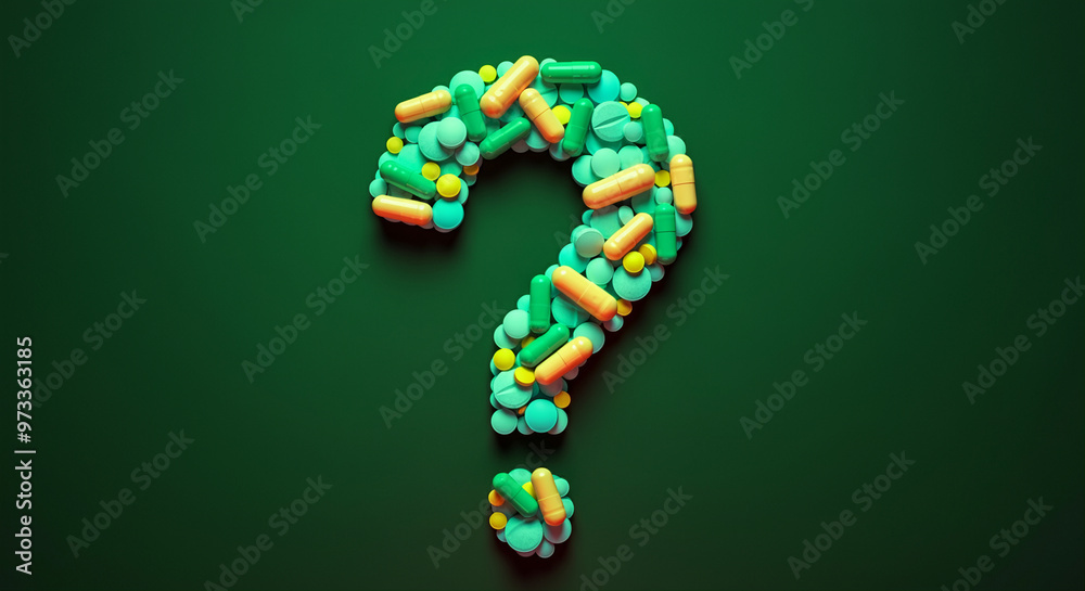 Pills forming a question mark symbolizing health curiosity and medication inquiries