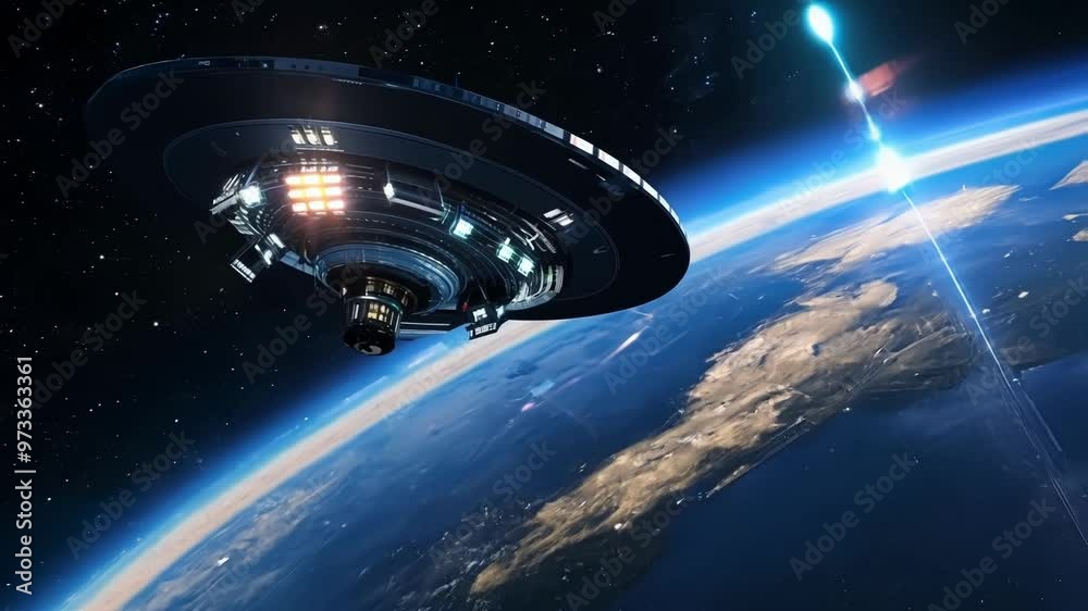 Futuristic spaceship hovers above earth, illuminating the planet with bright lights, showcasing advanced extraterrestrial technology Futuristic spaceship hovers above earth, illuminating the planet with bright lights, showcasing advanced extraterrestrial technology