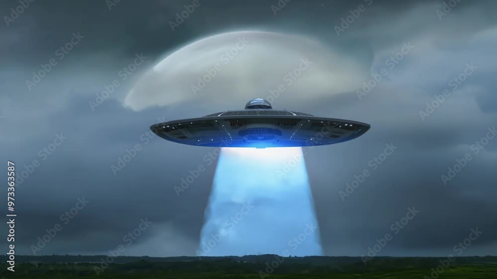 Large alien spacecraft hovers ominously over a serene rural landscape. Casting a brilliant blue beam of light down towards the ground Large alien spacecraft hovers ominously over a serene rural landscape. Casting a brilliant blue beam of light down towards the ground
